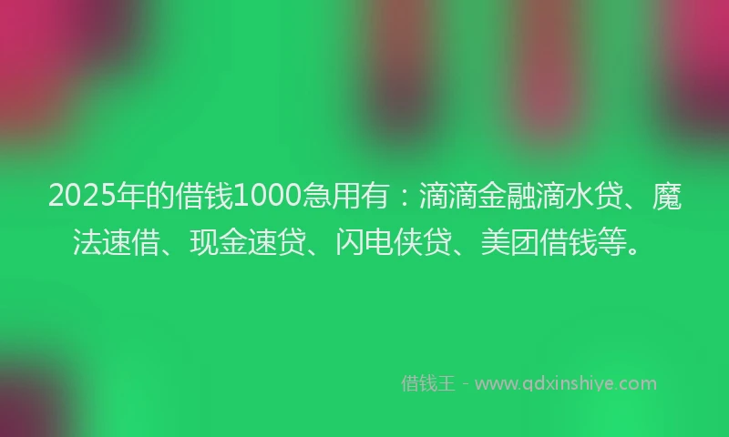 2025年的借钱1000急用有：滴滴金融滴水贷、魔法速借、现金速贷、闪电侠贷、美团借钱等。