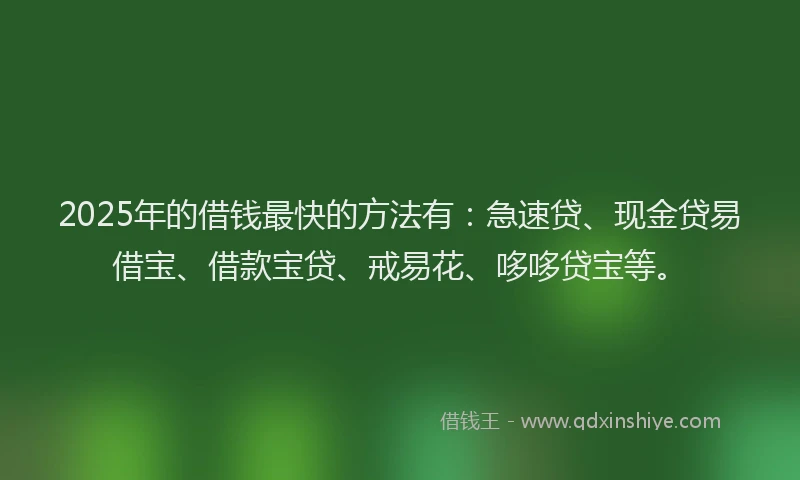 2025年的借钱最快的方法有：急速贷、现金贷易借宝、借款宝贷、戒易花、哆哆贷宝等。