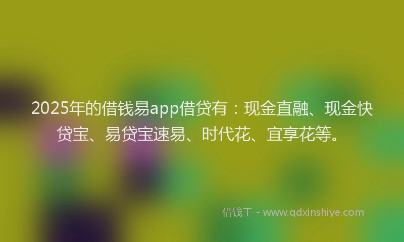 2025年的借钱易app借贷有：现金直融、现金快贷宝、易贷宝速易、时代花、宜享花等。