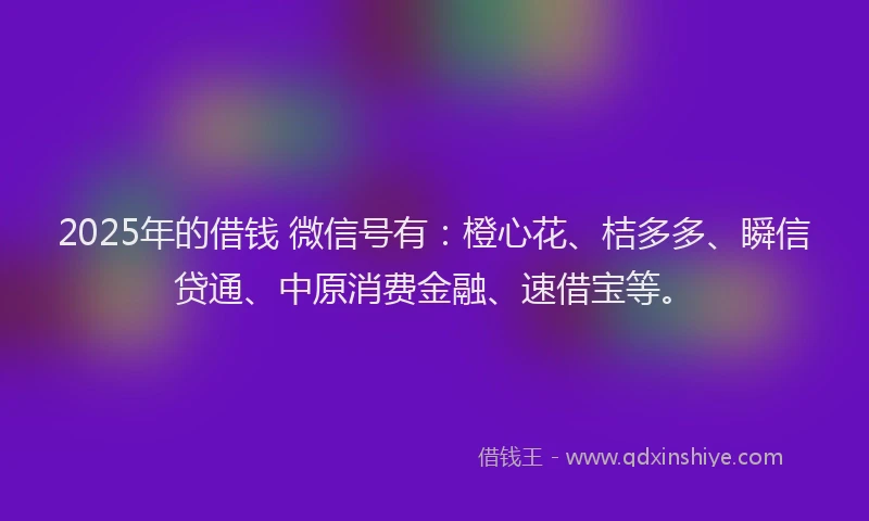 2025年的借钱 微信号有：橙心花、桔多多、瞬信贷通、中原消费金融、速借宝等。