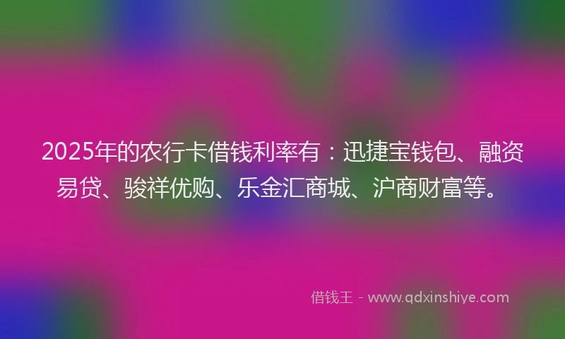 2025年的农行卡借钱利率有：迅捷宝钱包、融资易贷、骏祥优购、乐金汇商城、沪商财富等。