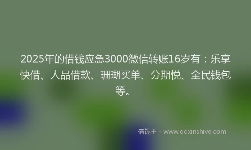 2025年的借钱应急3000微信转账16岁有：乐享快借、人品借款、珊瑚买单、分期悦、全民钱包等。