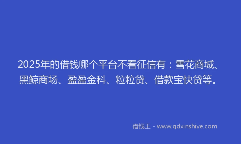 2025年的借钱哪个平台不看征信有：雪花商城、黑鲸商场、盈盈金科、粒粒贷、借款宝快贷等。