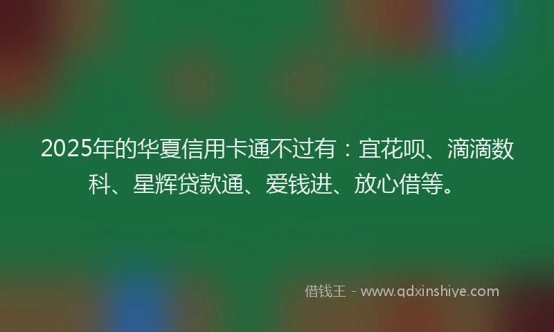 2025年的华夏信用卡通不过有：宜花呗、滴滴数科、星辉贷款通、爱钱进、放心借等。