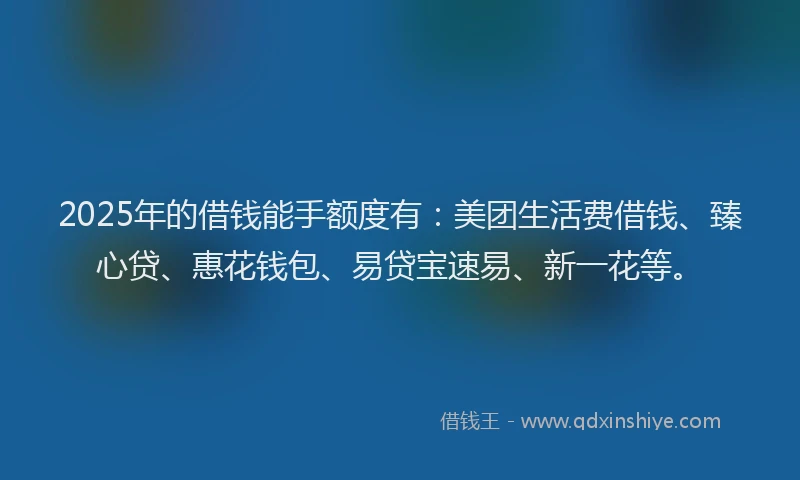 2025年的借钱能手额度有：美团生活费借钱、臻心贷、惠花钱包、易贷宝速易、新一花等。