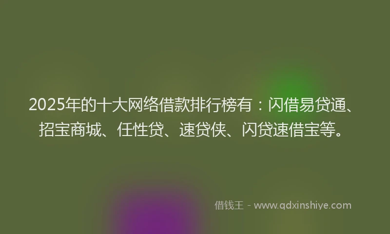 2025年的十大网络借款排行榜有：闪借易贷通、招宝商城、任性贷、速贷侠、闪贷速借宝等。