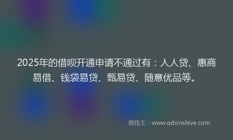 2025年的借呗开通申请不通过有：人人贷、惠商易借、钱袋易贷、甄易贷、随意优品等。