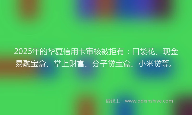 2025年的华夏信用卡审核被拒有：口袋花、现金易融宝盒、掌上财富、分子贷宝盒、小米贷等。