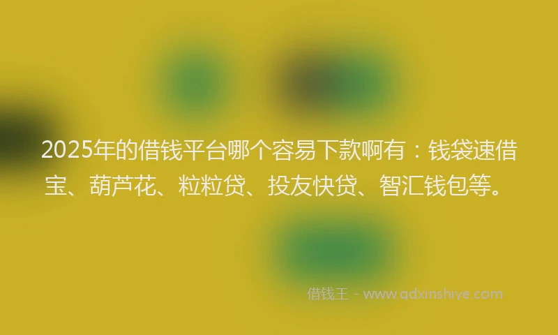 2025年的借钱平台哪个容易下款啊有：钱袋速借宝、葫芦花、粒粒贷、投友快贷、智汇钱包等。