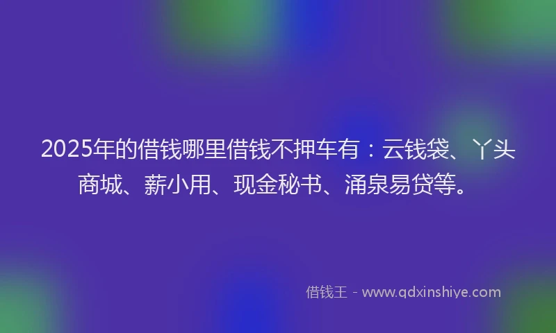 2025年的借钱哪里借钱不押车有：云钱袋、丫头商城、薪小用、现金秘书、涌泉易贷等。