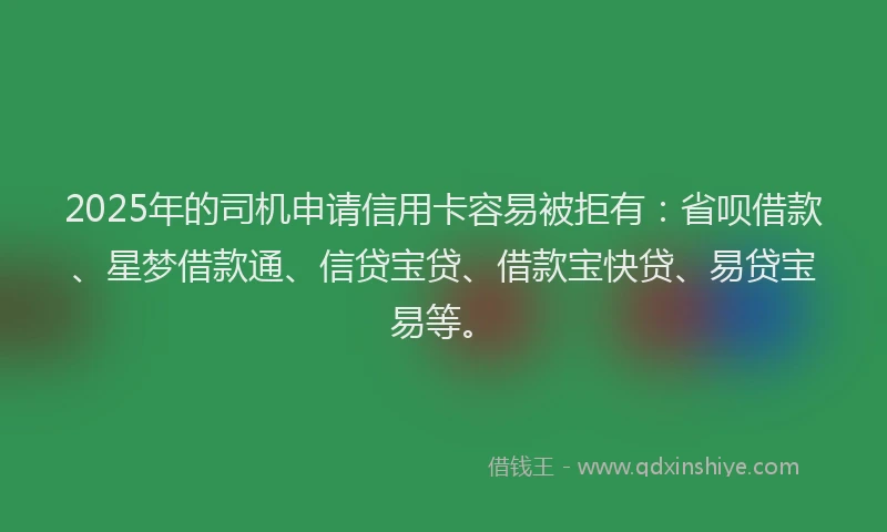 2025年的司机申请信用卡容易被拒有：省呗借款、星梦借款通、信贷宝贷、借款宝快贷、易贷宝易等。