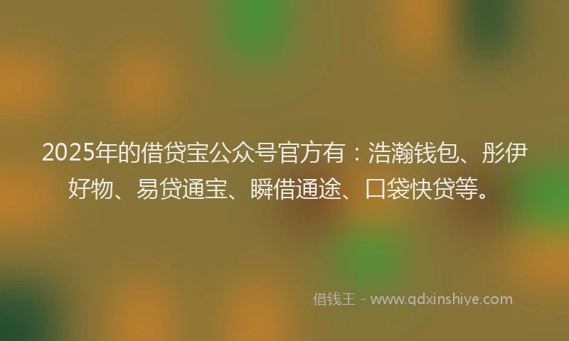 2025年的借贷宝公众号官方有：浩瀚钱包、彤伊好物、易贷通宝、瞬借通途、口袋快贷等。