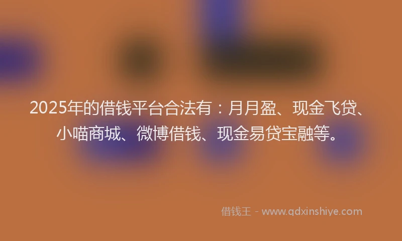 2025年的借钱平台合法有：月月盈、现金飞贷、小喵商城、微博借钱、现金易贷宝融等。