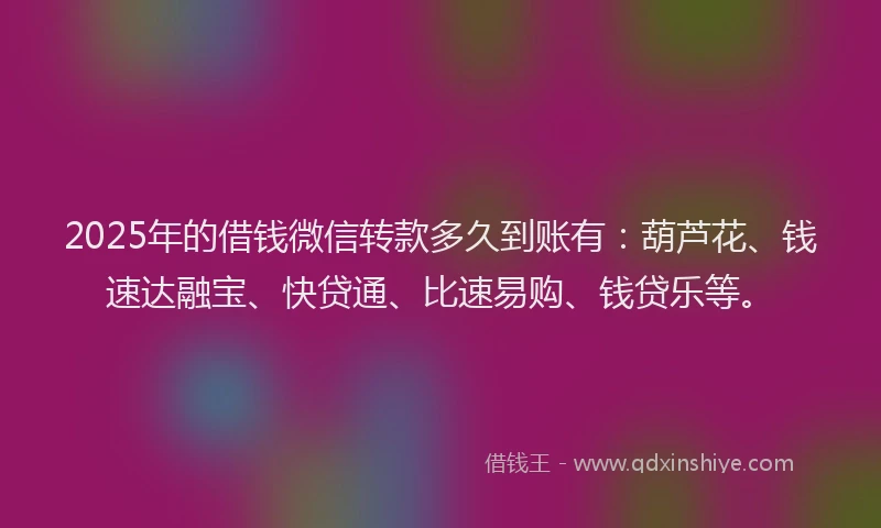2025年的借钱微信转款多久到账有：葫芦花、钱速达融宝、快贷通、比速易购、钱贷乐等。