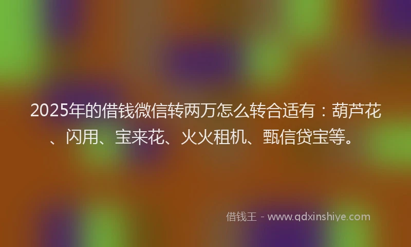 2025年的借钱微信转两万怎么转合适有：葫芦花、闪用、宝来花、火火租机、甄信贷宝等。