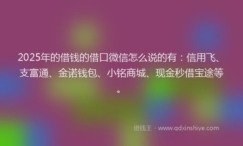 2025年的借钱的借口微信怎么说的有：信用飞、支富通、金诺钱包、小铭商城、现金秒借宝途等。