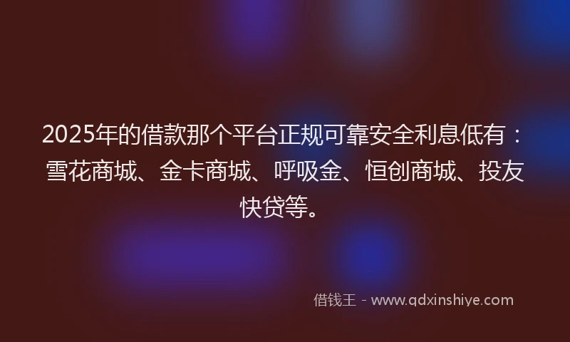 2025年的借款那个平台正规可靠安全利息低有：雪花商城、金卡商城、呼吸金、恒创商城、投友快贷等。