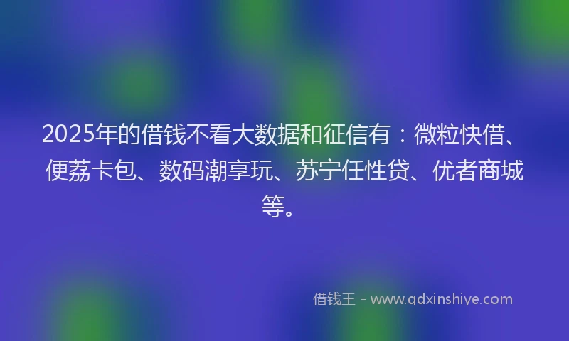 2025年的借钱不看大数据和征信有：微粒快借、便荔卡包、数码潮享玩、苏宁任性贷、优者商城等。