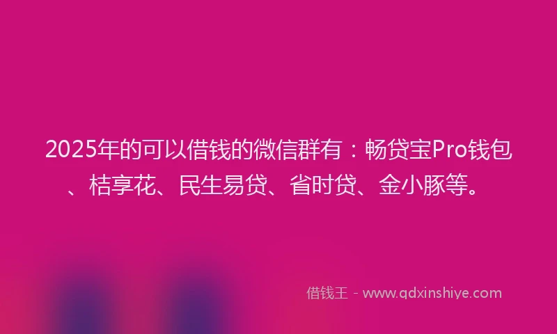 2025年的可以借钱的微信群有：畅贷宝Pro钱包、桔享花、民生易贷、省时贷、金小豚等。