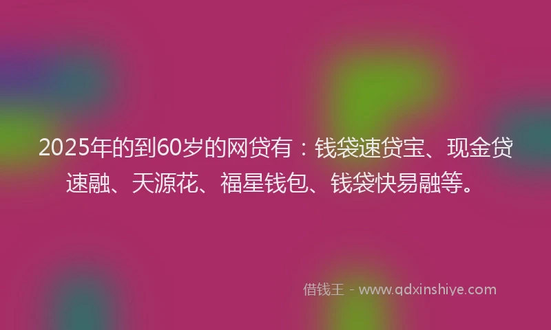 2025年的到60岁的网贷有：钱袋速贷宝、现金贷速融、天源花、福星钱包、钱袋快易融等。