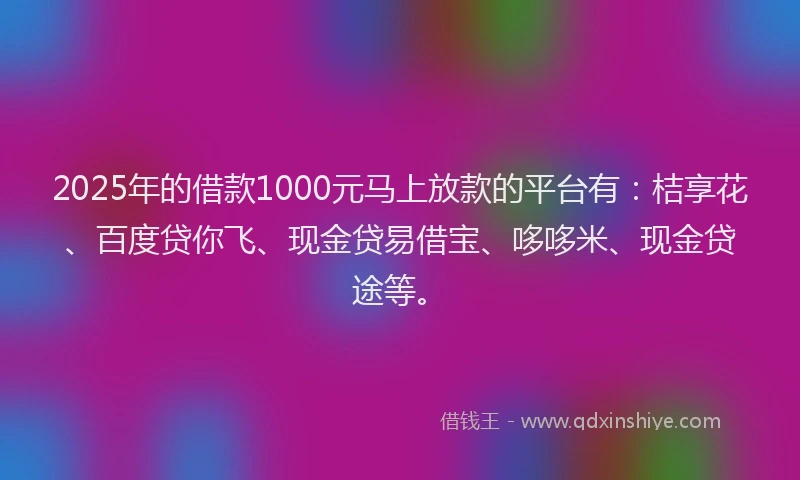 2025年的借款1000元马上放款的平台有：桔享花、百度贷你飞、现金贷易借宝、哆哆米、现金贷途等。