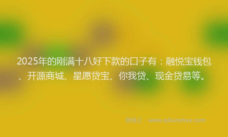 2025年的刚满十八好下款的口子有：融悦宝钱包、开源商城、星愿贷宝、你我贷、现金贷易等。