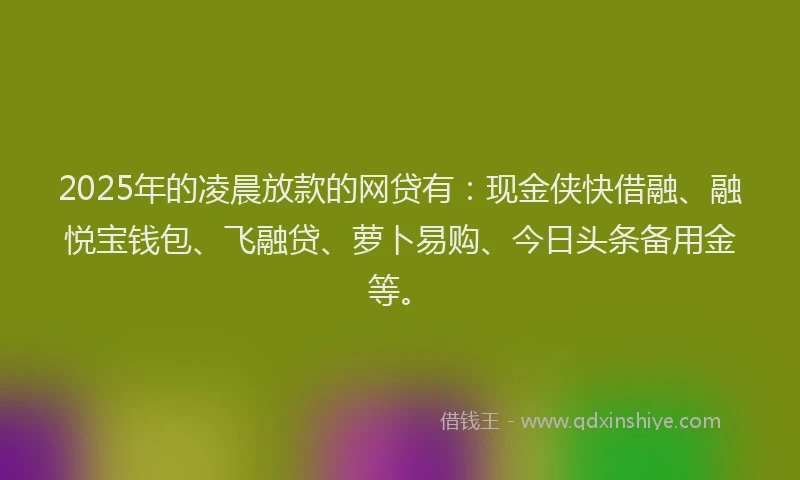 2025年的凌晨放款的网贷有：现金侠快借融、融悦宝钱包、飞融贷、萝卜易购、今日头条备用金等。
