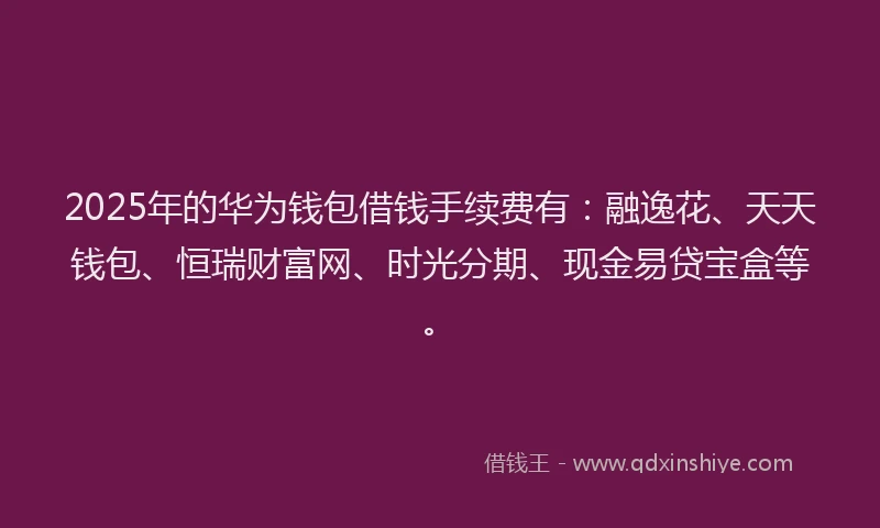 2025年的华为钱包借钱手续费有：融逸花、天天钱包、恒瑞财富网、时光分期、现金易贷宝盒等。