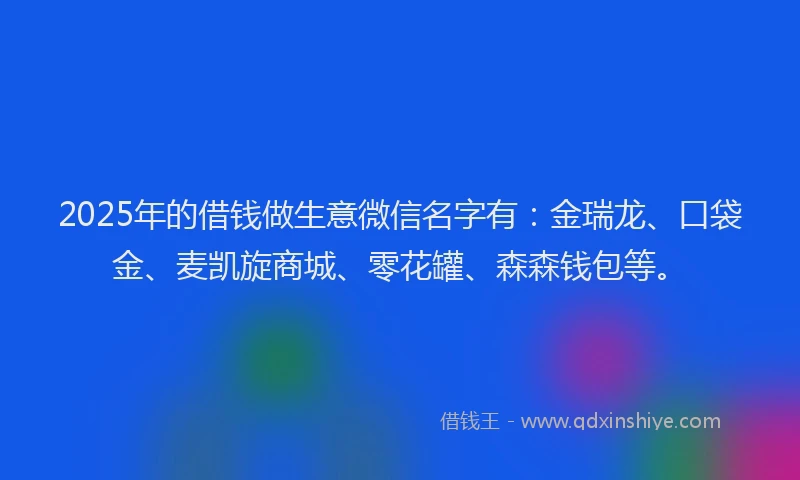 2025年的借钱做生意微信名字有：金瑞龙、口袋金、麦凯旋商城、零花罐、森森钱包等。