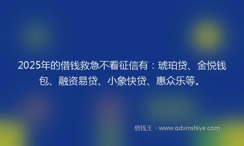2025年的借钱救急不看征信有：琥珀贷、金悦钱包、融资易贷、小象快贷、惠众乐等。