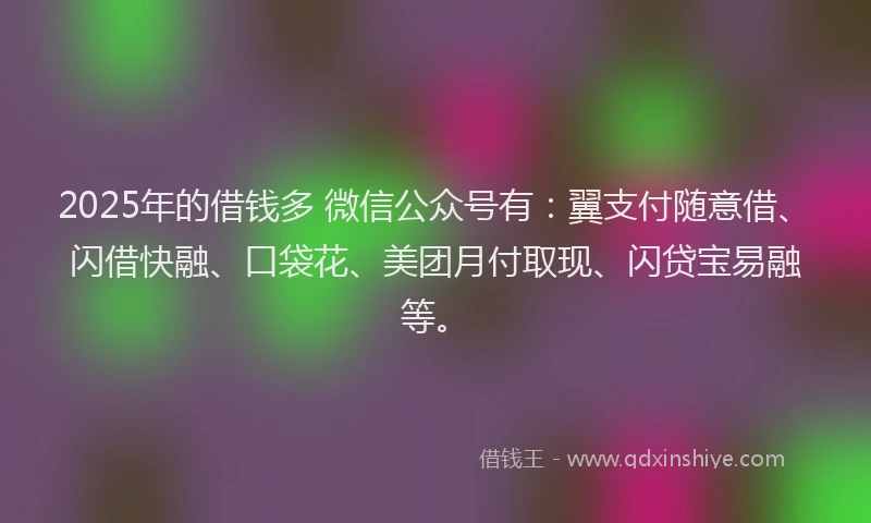 2025年的借钱多 微信公众号有：翼支付随意借、闪借快融、口袋花、美团月付取现、闪贷宝易融等。