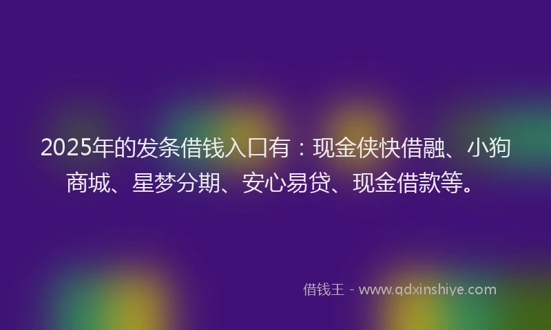 2025年的发条借钱入口有：现金侠快借融、小狗商城、星梦分期、安心易贷、现金借款等。