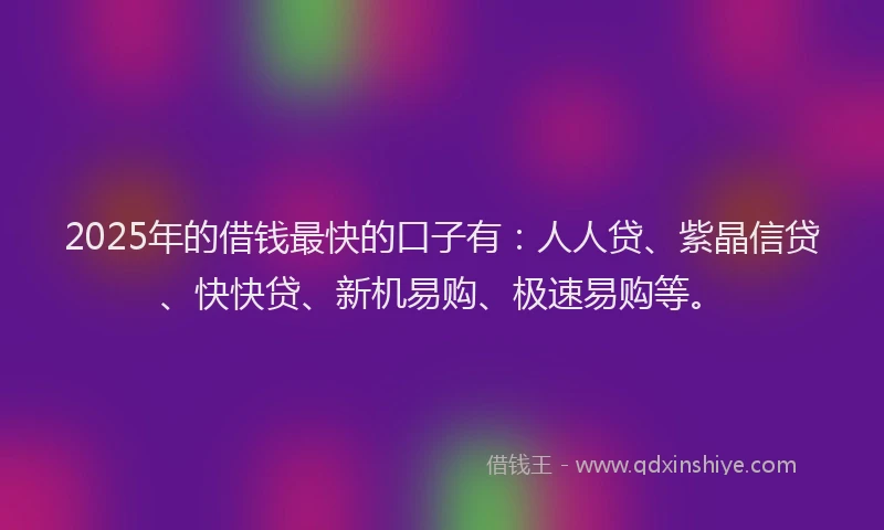 2025年的借钱最快的口子有：人人贷、紫晶信贷、快快贷、新机易购、极速易购等。