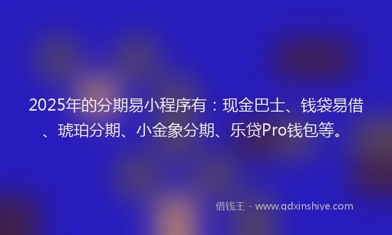 2025年的分期易小程序有：现金巴士、钱袋易借、琥珀分期、小金象分期、乐贷Pro钱包等。