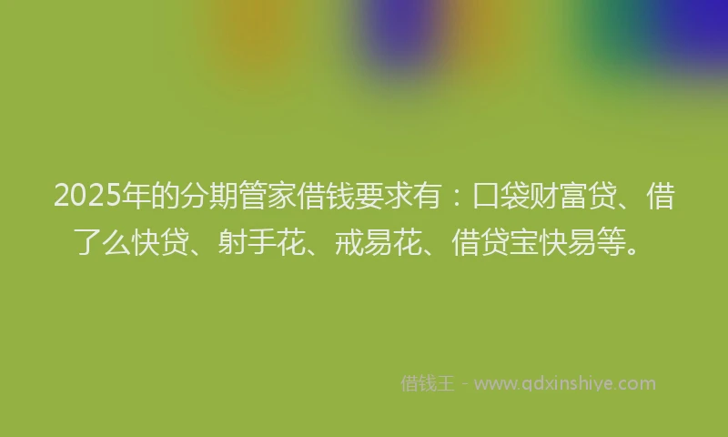 2025年的分期管家借钱要求有：口袋财富贷、借了么快贷、射手花、戒易花、借贷宝快易等。