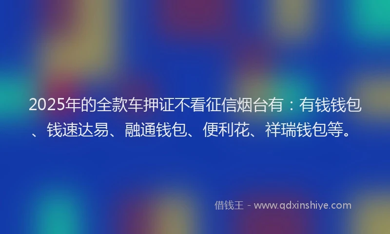 2025年的全款车押证不看征信烟台有：有钱钱包、钱速达易、融通钱包、便利花、祥瑞钱包等。