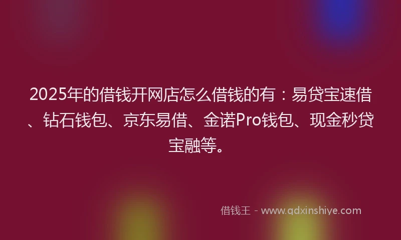2025年的借钱开网店怎么借钱的有：易贷宝速借、钻石钱包、京东易借、金诺Pro钱包、现金秒贷宝融等。