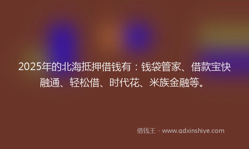 2025年的北海抵押借钱有：钱袋管家、借款宝快融通、轻松借、时代花、米族金融等。