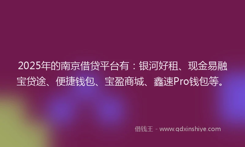 2025年的南京借贷平台有：银河好租、现金易融宝贷途、便捷钱包、宝盈商城、鑫速Pro钱包等。