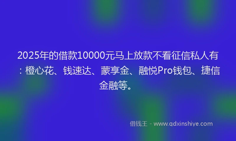 2025年的借款10000元马上放款不看征信私人有：橙心花、钱速达、蒙享金、融悦Pro钱包、捷信金融等。