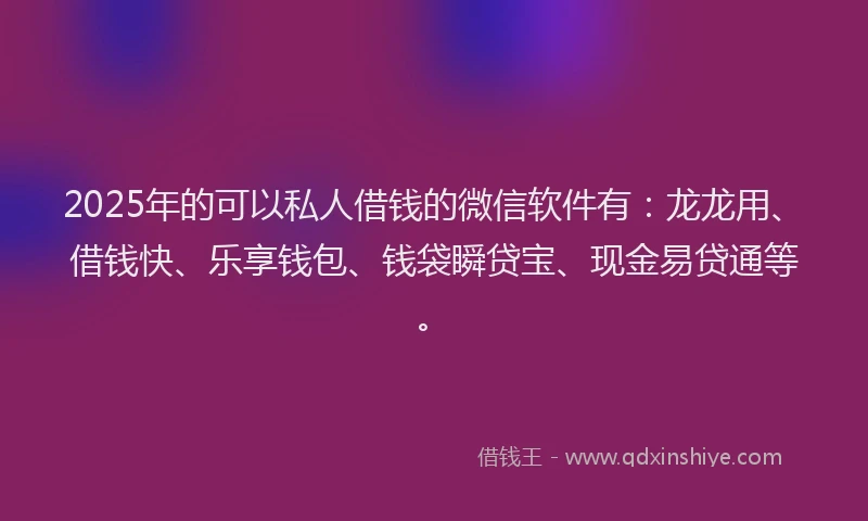 2025年的可以私人借钱的微信软件有：龙龙用、借钱快、乐享钱包、钱袋瞬贷宝、现金易贷通等。