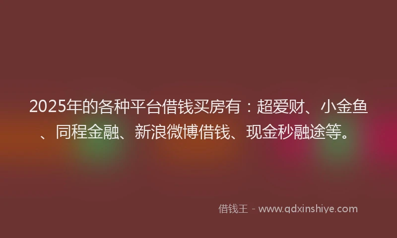 2025年的各种平台借钱买房有:超爱财、小金鱼、同程金融、新浪微博借钱、现金秒融途等。