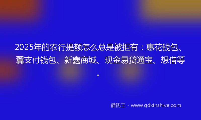 2025年的农行提额怎么总是被拒有：惠花钱包、翼支付钱包、新鑫商城、现金易贷通宝、想借等。
