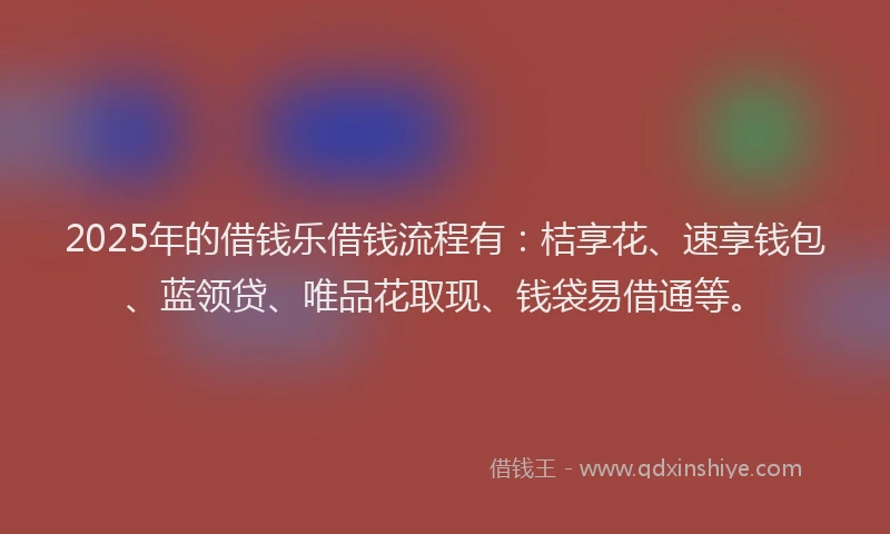 2025年的借钱乐借钱流程有：桔享花、速享钱包、蓝领贷、唯品花取现、钱袋易借通等。