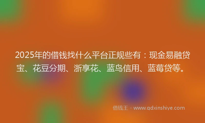 2025年的借钱找什么平台正规些有：现金易融贷宝、花豆分期、浙享花、蓝鸟信用、蓝莓贷等。