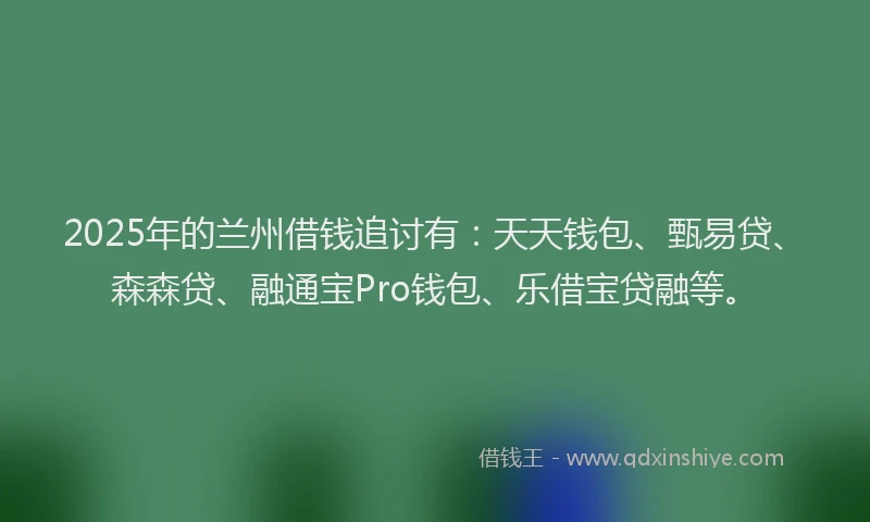 2025年的兰州借钱追讨有：天天钱包、甄易贷、森森贷、融通宝Pro钱包、乐借宝贷融等。
