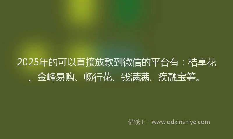 2025年的可以直接放款到微信的平台有：桔享花、金峰易购、畅行花、钱满满、疾融宝等。