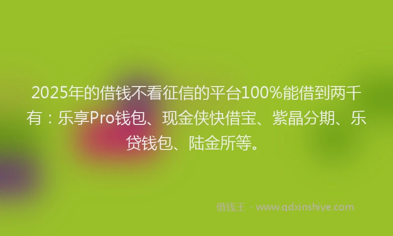 2025年的借钱不看征信的平台100%能借到两千有：乐享Pro钱包、现金侠快借宝、紫晶分期、乐贷钱包、陆金所等。