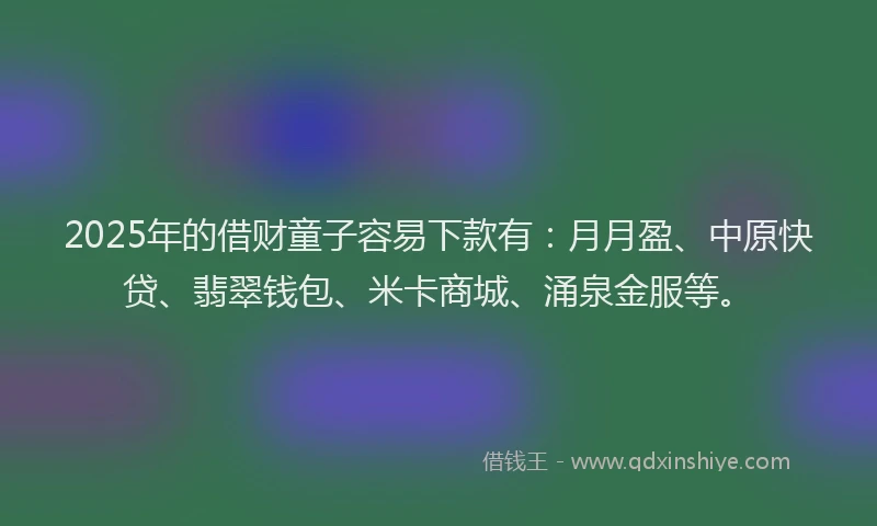 2025年的借财童子容易下款有：月月盈、中原快贷、翡翠钱包、米卡商城、涌泉金服等。