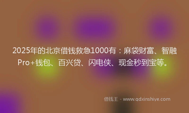 2025年的北京借钱救急1000有：麻袋财富、智融Pro+钱包、百兴贷、闪电侠、现金秒到宝等。